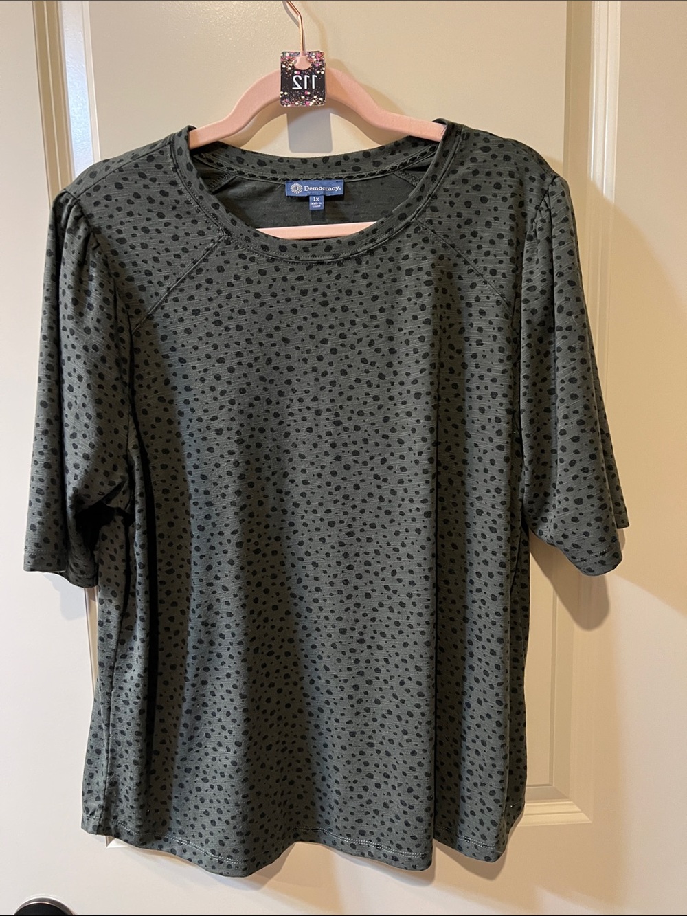 Democracy Olive Green Short Sleeve Tee with Black Dot Print